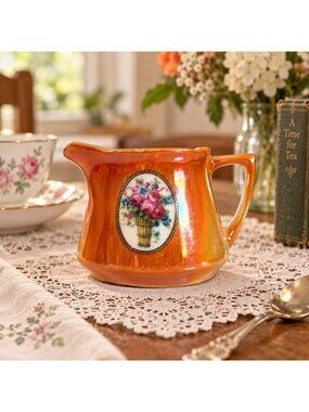 Eleanor Bavaria Orange Lusterware Porcelain Floral Creamer Pitcher Germany